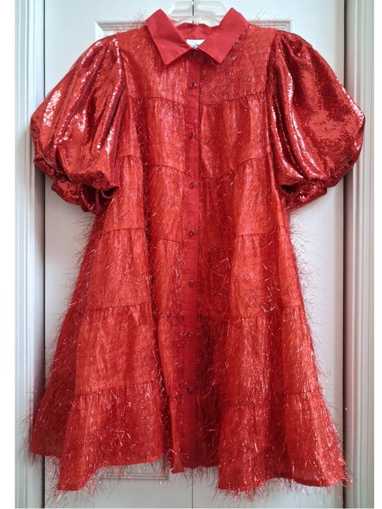 QUEEN OF SPARKLES Dresses & Skirts - NWOT QUEEN OF SPARKLES Red Tinsel Sequin Poof Sleeve Mini Dress sz M